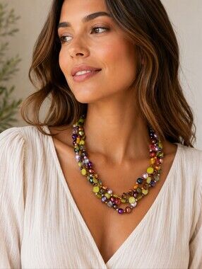 Artisan Multicolor Beaded Necklace Freshwater Pearl Boho Statement Jewelry